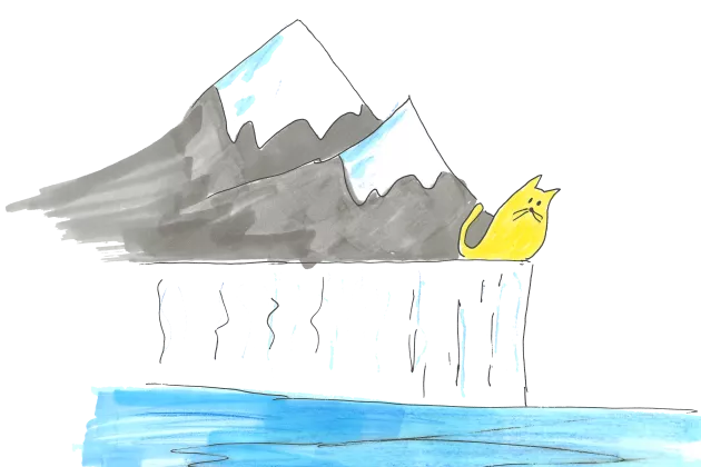 A cat sitting on the edge of a mountain, watching the ice melt. Illustration.