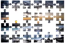 puzzle of sunset with missing pieces. Photo collage.