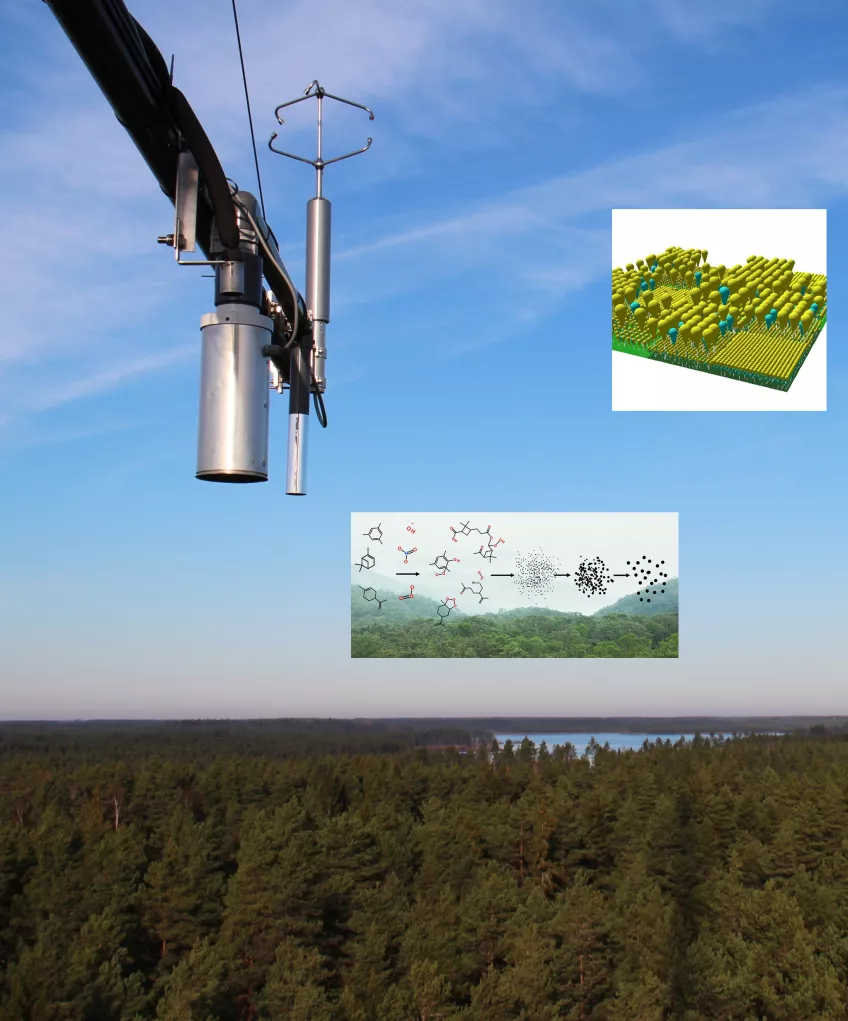 collage of photo and illustrations. Photo of measurement equipment high in the sky, an illustration showing chemical models and an illustration from a model showing trees.