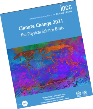 The IPCC report with blue background and a colored map over the world. Image.